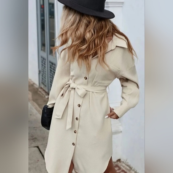 Shein Slant Pockets Curved Hem Button Up Belted Shirt Dress Size M, UK 10 - Picture 2 of 7